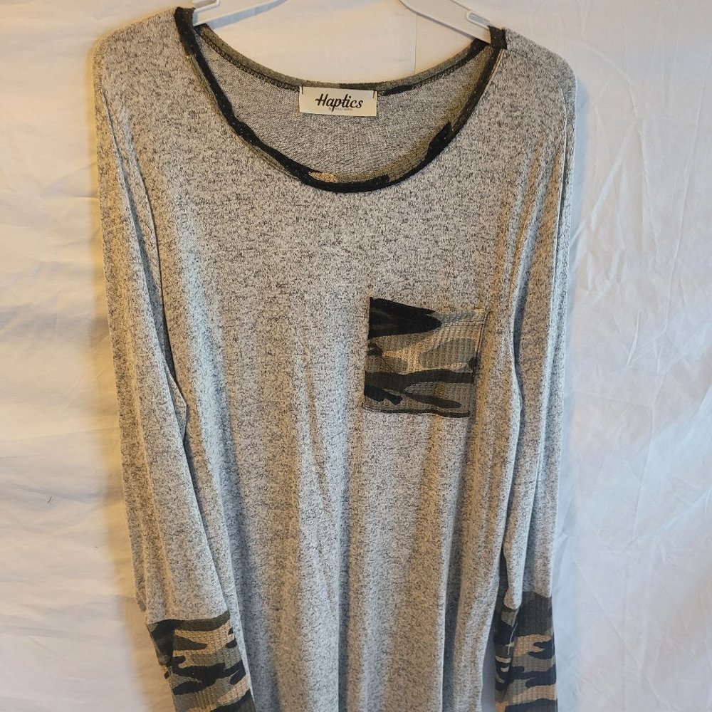 Haptics Long Sleeve Gray Shirt with Camo on Sleeve